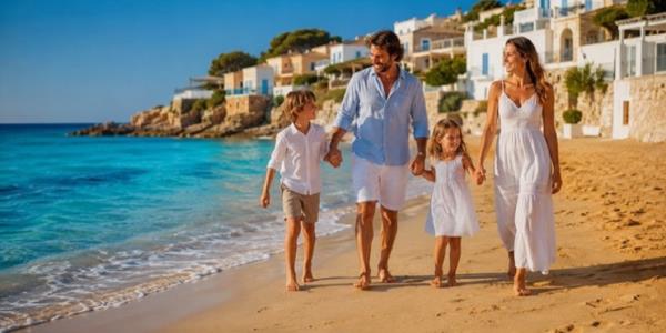 Una famiglia che passeggia tenendosi per mano in una spiaggia