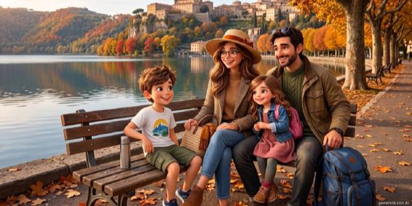 Famiglia con 2 bambini seduti su una panchina in riva al lago di Albano con Castel Gandolfo nello sfondo