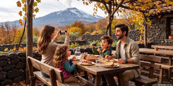 Una famiglia pranza su un tavolo all'aperto alle pendici dell'Etna