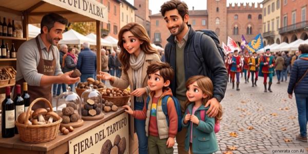 Famiglia ad uno stand di tartufi ad Alba e nello sfondo gli sbandieratori
